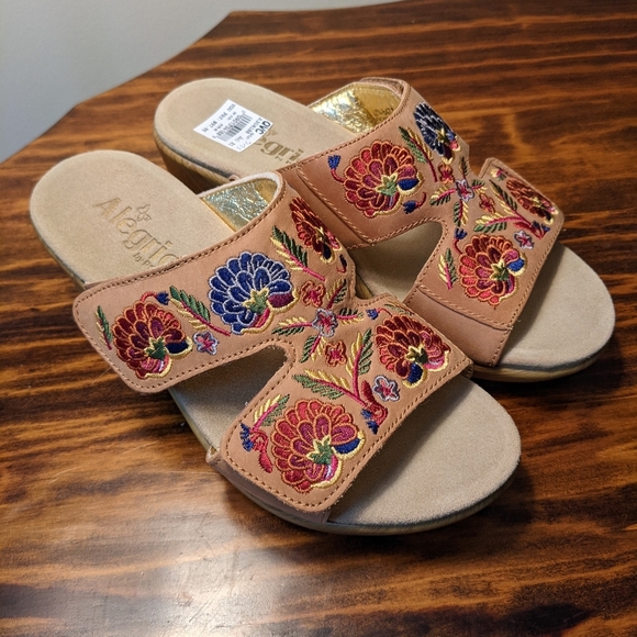 Alegria Floral Embroidered Sandals - Tan and Multicolor - Picture 1 of 7